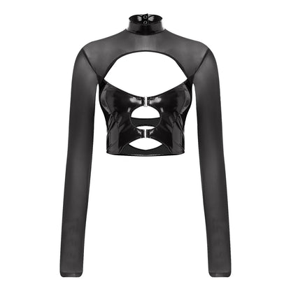 Womens Sheer Mesh Leather Patchwork Crop Top Long Sleeve Hollow Out Slim Fit Glossy Blouse Tops for Halloween Party Raves Dance