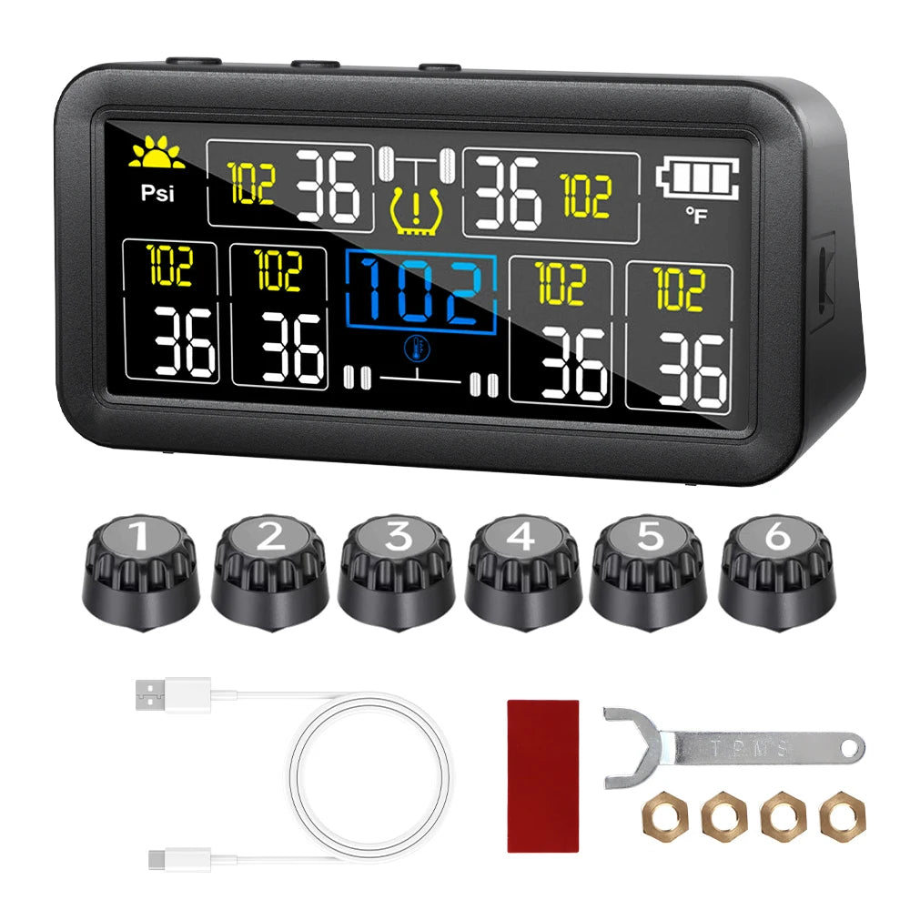 0~9.9Bar Truck RV 4/6 External Sensors Car Tire Pressure Alarm Digital LCD Display Solar TPMS Waterproof