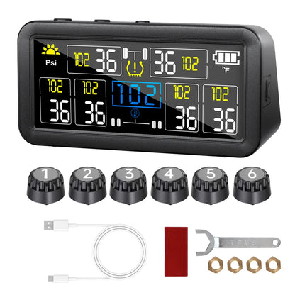 0~9.9Bar Truck RV 4/6 External Sensors Car Tire Pressure Alarm Digital LCD Display Solar TPMS Waterproof