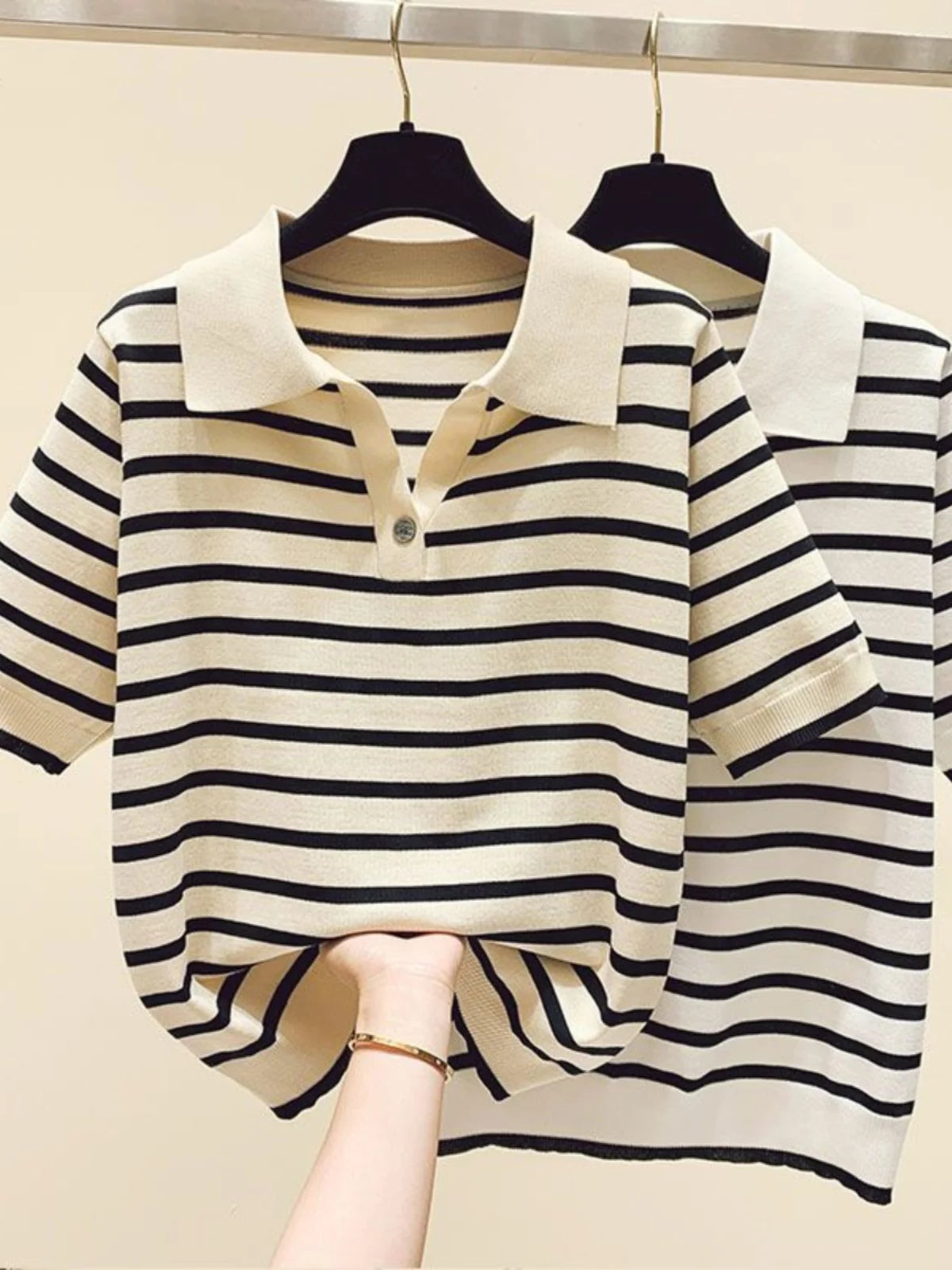 Loose Fit Ice Silk Knitted Short Sleeve T-Shirt Women's Summer Button up Top Slimming Striped  Neck Design plus Size