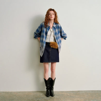TOYOUTH Women Brushed Shirts 2026 Spring New Mid-Length Gradient Blue-White Plaid Loose Blouses