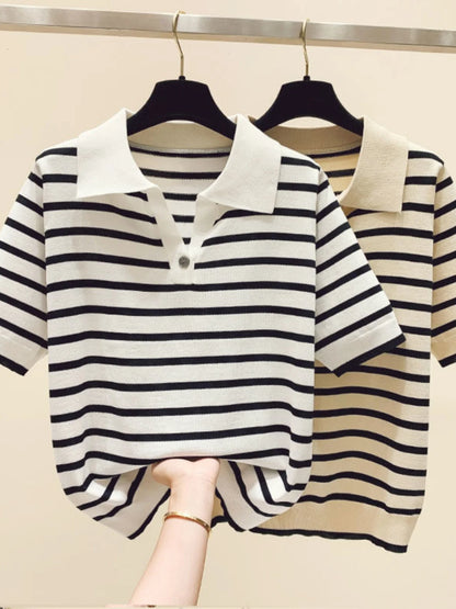 Loose Fit Ice Silk Knitted Short Sleeve T-Shirt Women's Summer Button up Top Slimming Striped  Neck Design plus Size