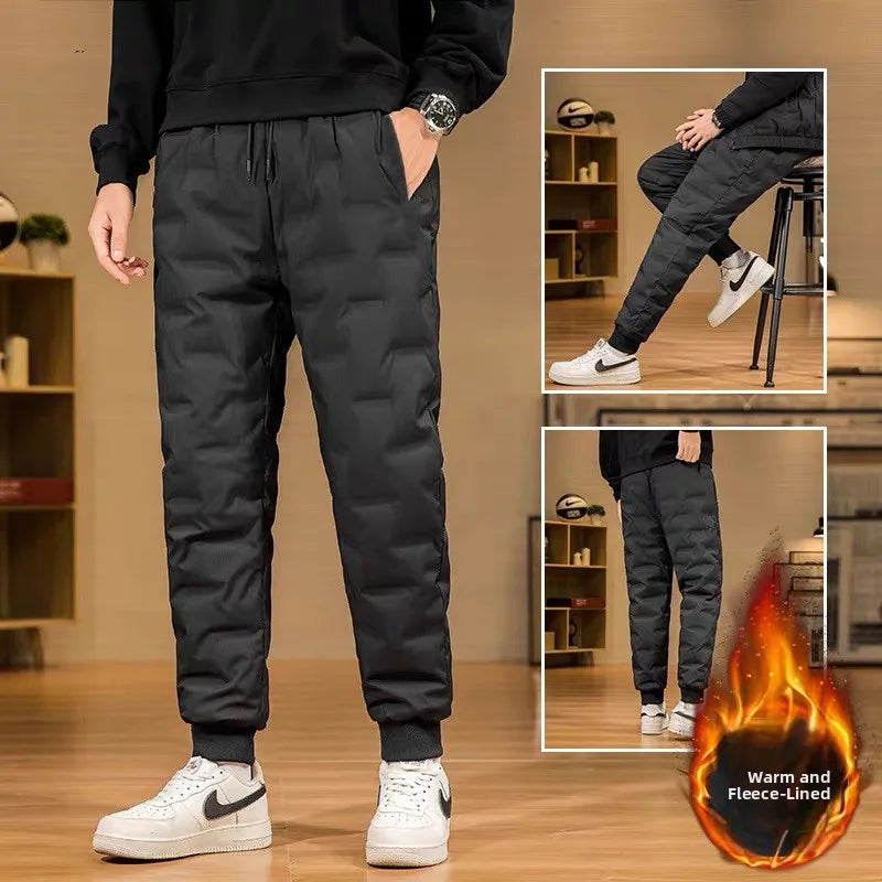 plus Size down Pants Men's Outdoor High Waist Loose Fit Thickened Duck down Warm Windproof Long Trousers Fashionable Casual Wear