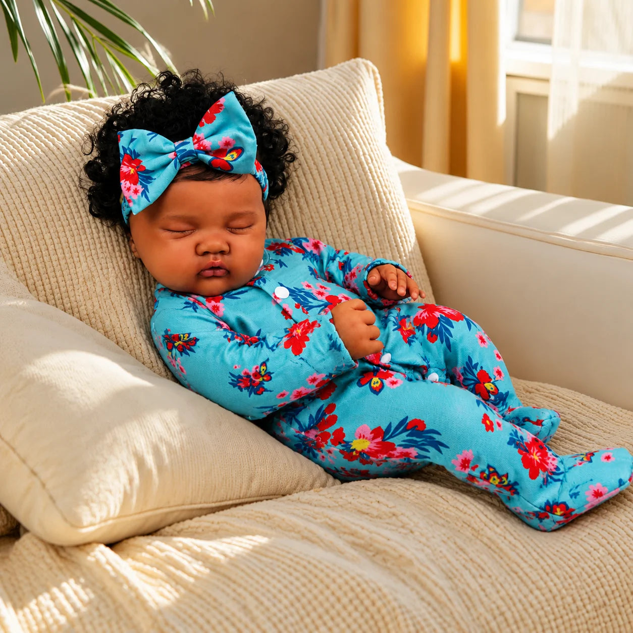 AONPENG 48CM Lifelike Asleep Reborn Baby Doll Toy with Black Brown Skin Vinyl Limbs Cloth Body Handmade Birthday Gift for Kids