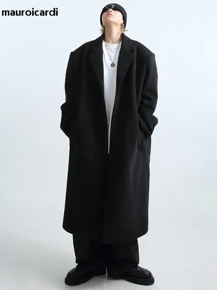 Mauroicardi Autumn Winter Long Oversized Warm Soft Black Trench Coat Men with Shoulder Pads Loose Casual Korean Fashion Overcoat
