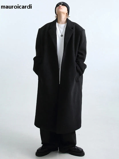 Mauroicardi Autumn Winter Long Oversized Warm Soft Black Trench Coat Men with Shoulder Pads Loose Casual Korean Fashion Overcoat