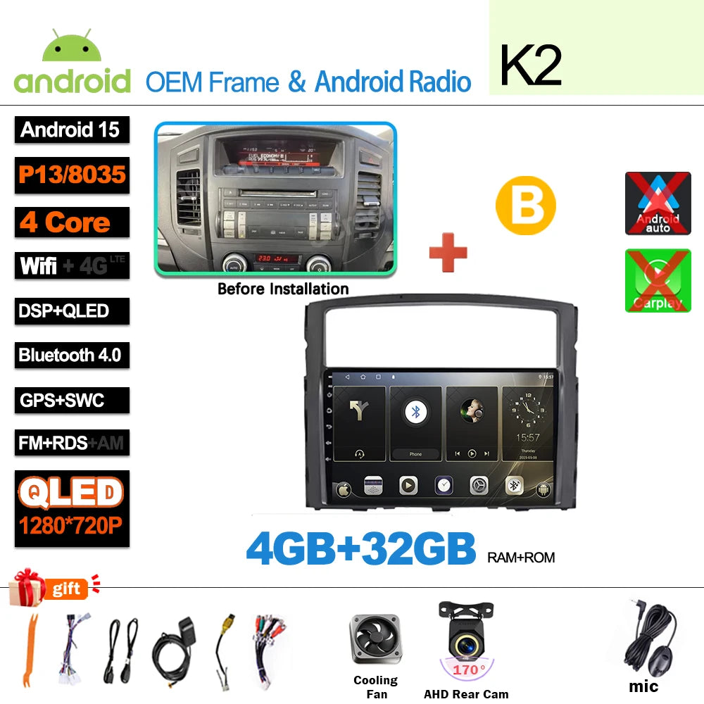 Android 16Carplay For Mitsubishi Pajero 4 V80 V90 2006 2007 -2014 Car Radio Video GPS Navigation Player Unit Multimedia Stereo
