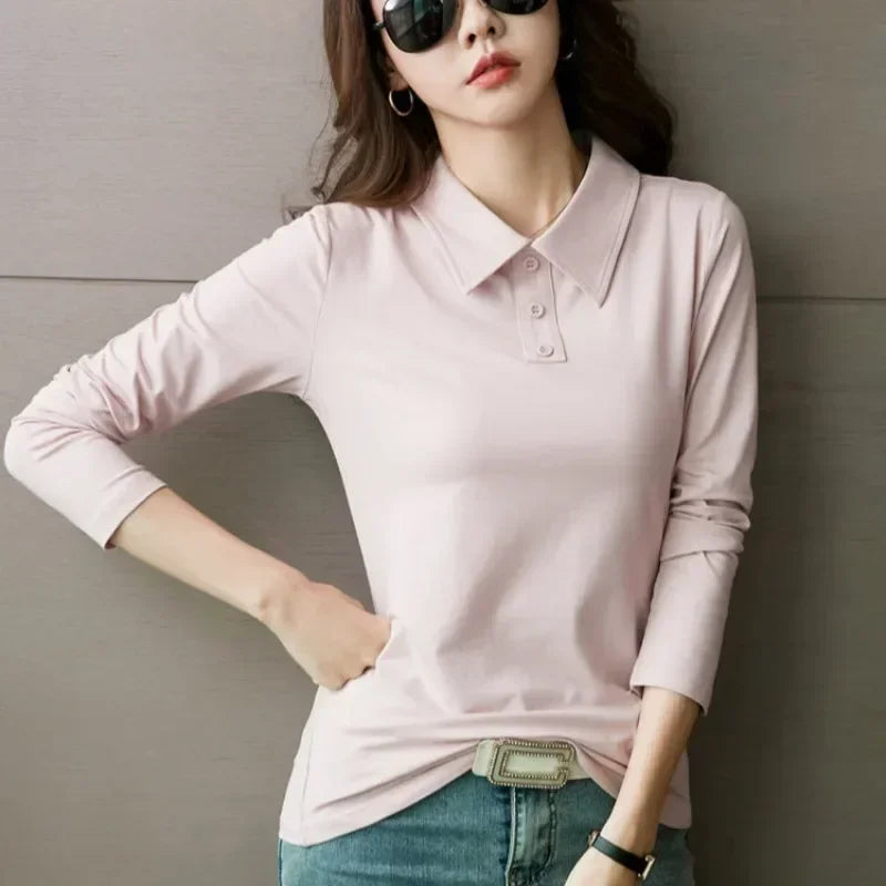 High Quality T-shirts 100℅ Cotton Female Tee Long Sleeve With Collar Korean Popular Clothes Basic Pretty Original Women's Polo