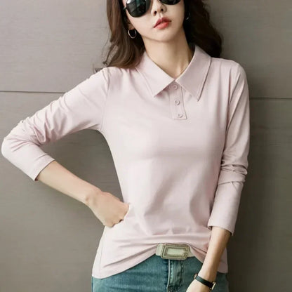 High Quality T-shirts 100℅ Cotton Female Tee Long Sleeve With Collar Korean Popular Clothes Basic Pretty Original Women's Polo