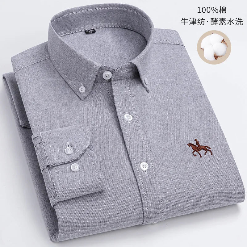 New 100% Cotton Oxford Shirt For Men's Long Sleeve Solid Casual Business Regular-Fit Formal Dress Shirts Social Blouse S-6XL