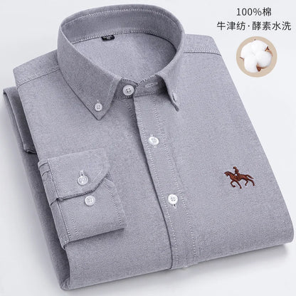 New 100% Cotton Oxford Shirt For Men's Long Sleeve Solid Casual Business Regular-Fit Formal Dress Shirts Social Blouse S-6XL