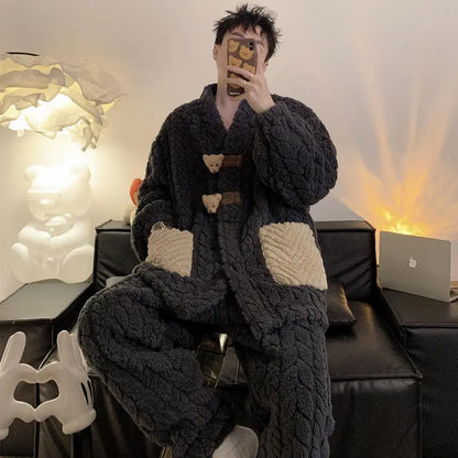 Men's Winter Sleepwear Coral Fleece Thickened Flannel Casual Long Sleeve Pajamas Large Size Home Clothes Chinese Style