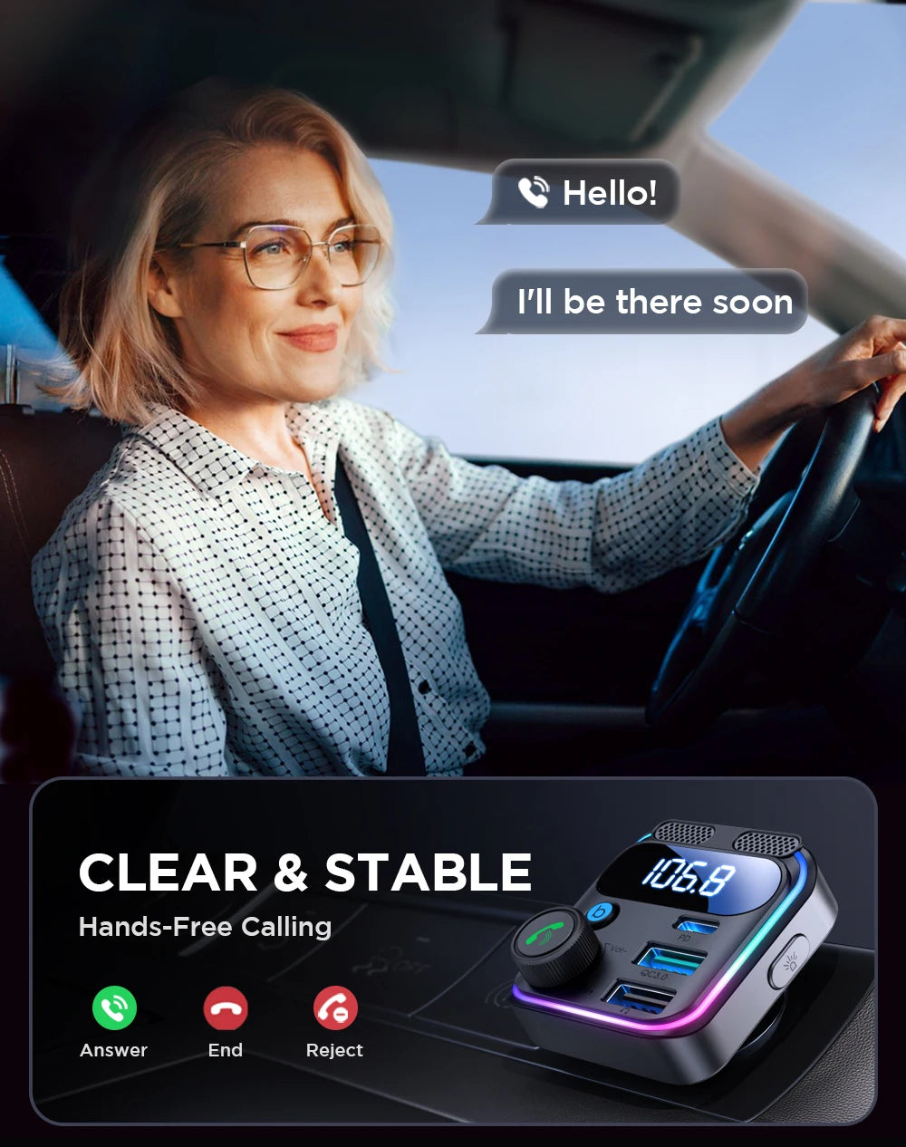 JOYROOM Bluetooth 5.3 FM Transmitter Car Adapter 48W PD & QC 3.0 USB C Car Charger Cigarette Lighter Adapter Hands-Free Calling