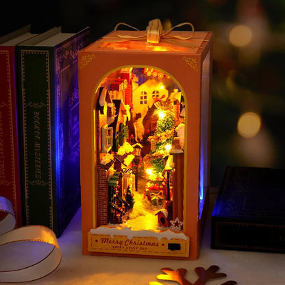 Book Nook Miniature DIY Hut Christmas cabin Houses Bookstand Doll House Creative Puzzle Bookshelf Insert With Touch Cover