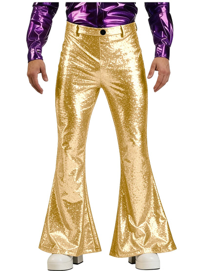 Men's Sequin Flare Pants High Waist Sparkly Bell Bottom Trousers Shiny Glitter Stretchy Breathable for Stage Performance Party