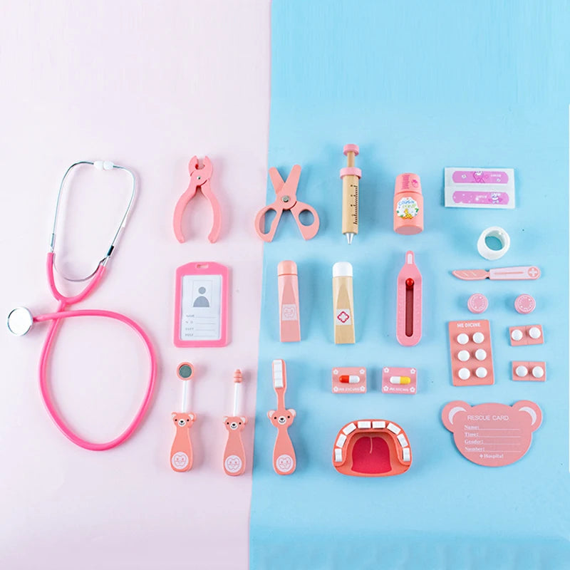 Wooden Pretend Play Doctor Toys Kids Role-playing Games Simulation Dentist Bag Set Stethoscope Teeth Model Educational Toy Gifts