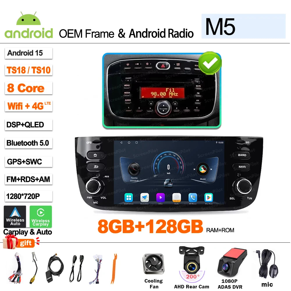 Car Android 16 For Fiat Linea Punto evo 2012-2015 Radio Video Player GPS Multimedia Navigation Screen Stereo Carplay Audio DSP