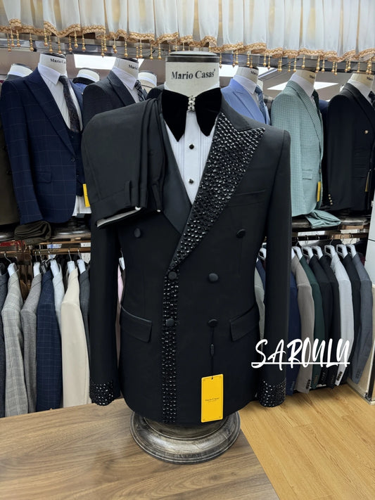 Charming Black Peak Lapel Men's Suit Customized Hot Sale Double Breasted Formal Perform Elegant Crystals Jacket Pants Groom Wear
