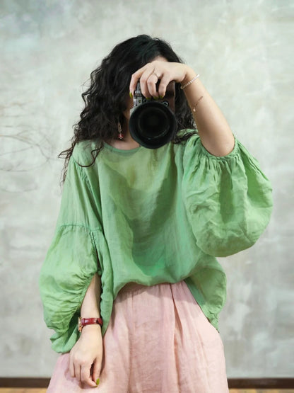 Elegant round Neck Lantern Sleeve Shirt Women's Casual Slimming Cotton Linen Fashionable Top High-End Brand New Style
