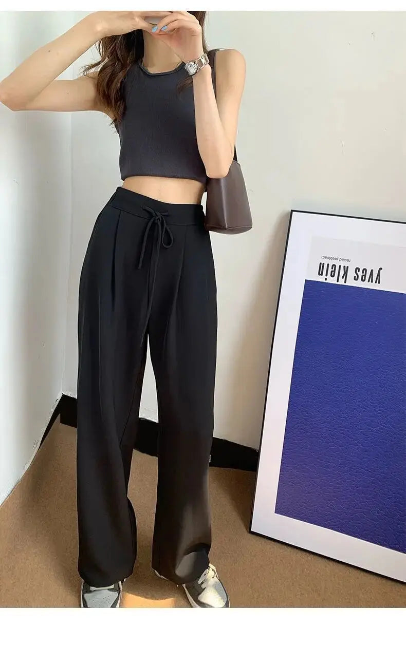 Ice Silk High Waist Wide Leg Pants Women Summer Loose Thin Straight Casual Trousers Korean Style Polyester Fiber Skin-friendl...