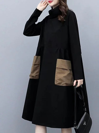 Thickened Fleece Warm Winter Dress for plus Size Women Half High Collar Sleeve Long Mid-Length Straight Cut High Waist Style