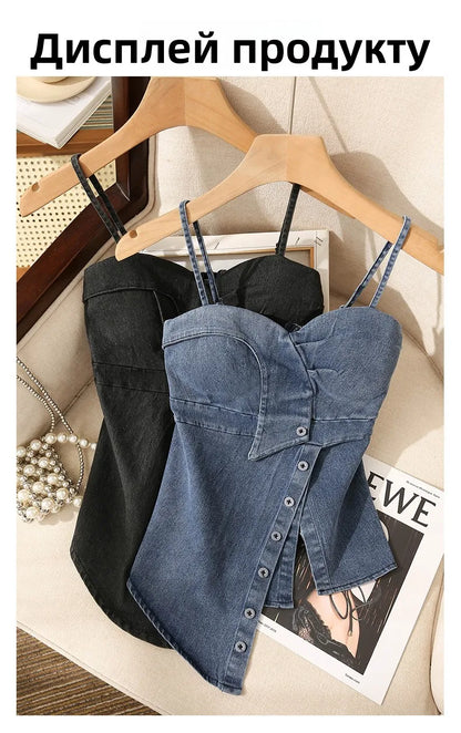 Irregular Halter Neck Denim Crop Top Women Summer Outdoor Wear with Chest Pad Slimming Sexy Girl Shirt Short Length Zipper