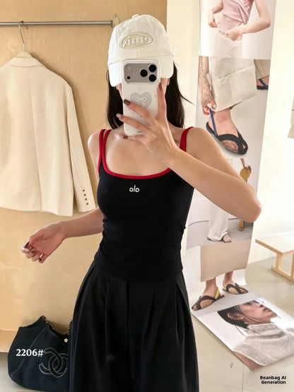 Summer New Pure Desire Letter Print Splice Strap Vest Slimming Color Block One-Piece Women's Vest with Chest Pad U-Neck Nylon