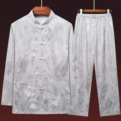 Men's Long Sleeve Ice Silk Tai Chi Suit Traditional Chinese Hanfu Vintage Style Tang Costume Elderly Fashion Dad's Clothing