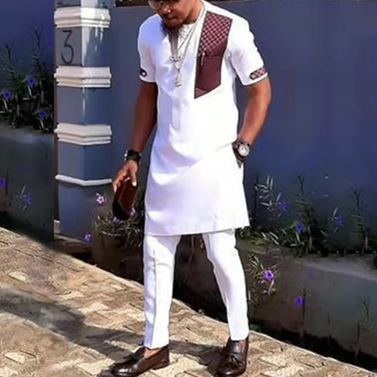 Kaftan Men's Suit Ethnic Style Suit Men's White Patchwork Shirt And Casual Pants 2-piece Set Ramadan Dubai Luxury Islam Elegant