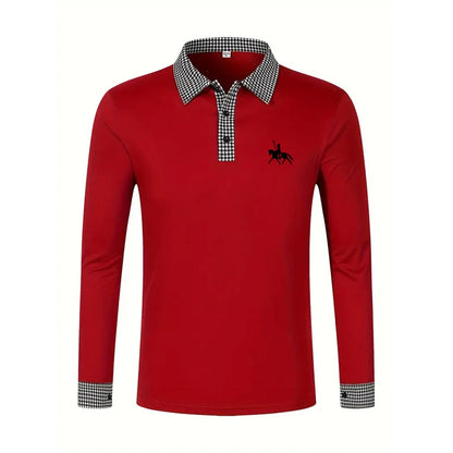 Men's Houndstooth Patchwork Long Sleeve Polo Shirt Classic Casual Business Tops Breathable Lightweight Knitwear for Spring Fall