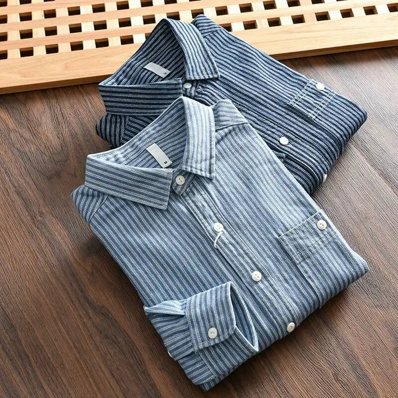 Amekaji Men's Pure Cotton Denim Long Sleeve Shirt Vertical Stripes Washed Vintage Slightly Loose Casual Button Down Shirt Top