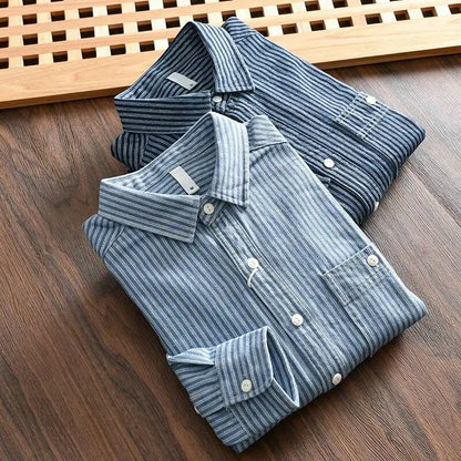 Amekaji Men's Pure Cotton Denim Long Sleeve Shirt Vertical Stripes Washed Vintage Slightly Loose Casual Button Down Shirt Top