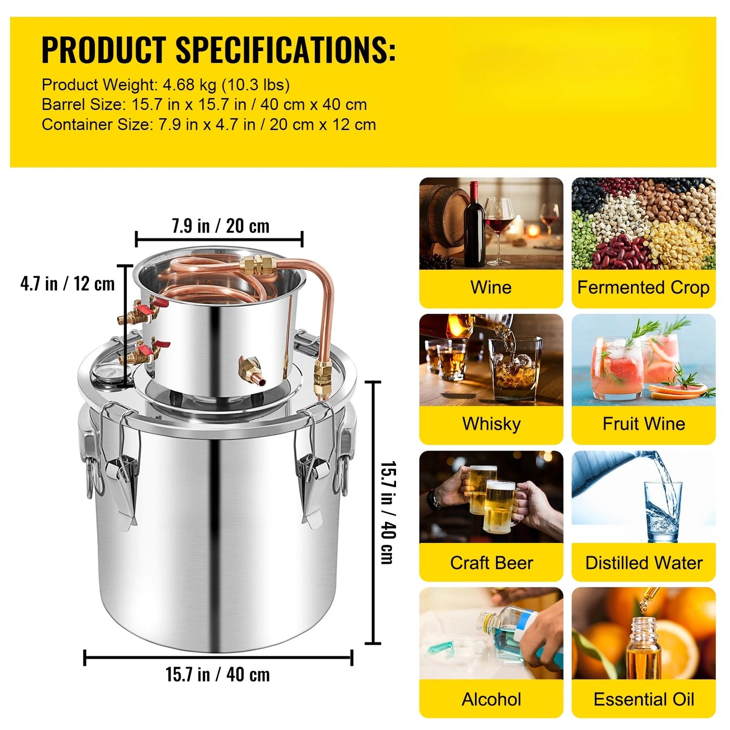 3 5 8 13 Gal Distiller Alambic Moonshine Alcohol Still Stainless Copper DIY Home Brew Water Wine Essential Oil Brewing Kit
