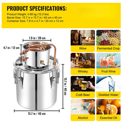 3 5 8 13 Gal Distiller Alambic Moonshine Alcohol Still Stainless Copper DIY Home Brew Water Wine Essential Oil Brewing Kit