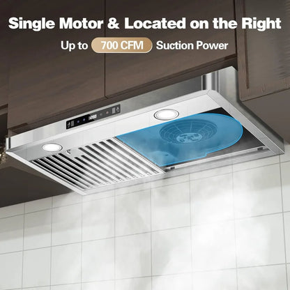 30 Inch Under Cabinet Range Hood, 700CFM Ducted/Ductless with Touch/Gesture/Remote Control, 3-Speed, Stainless Steel