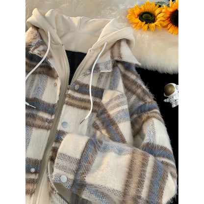 American Fake Two Piece Checker Coat Men's Autumn and Winter New China-Chic Warm Retro Woolen Hoodie