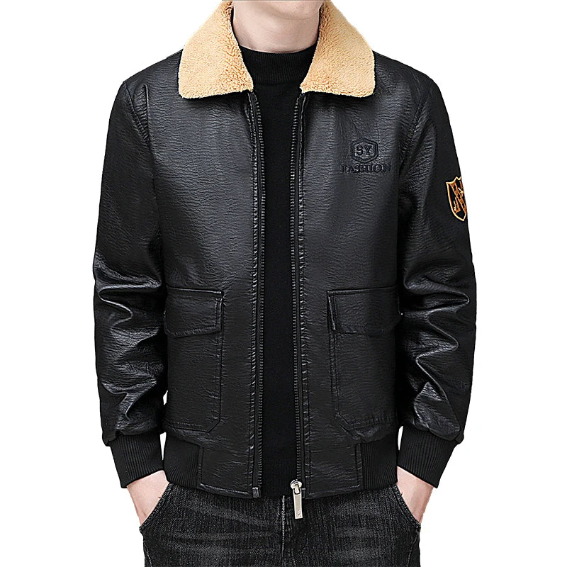 Solid Zipper Design Leather Jacket Plus Size Bomber Coat Men's Leather Jacket Winter Fashion Warmth Thickened Leather Jacket