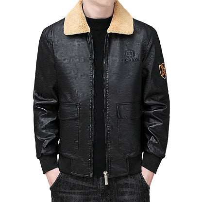 Solid Zipper Design Leather Jacket Plus Size Bomber Coat Men's Leather Jacket Winter Fashion Warmth Thickened Leather Jacket