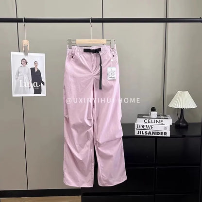 Lightweight Breathable Quick-Dry Paratrooper Pants Women's Casual Loose Fit Sunscreen Waist Cord Trousers Korean Style High W...