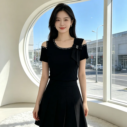 Summer New Off Shoulder Short sleeved T-shirt Korean Fashion Diamond Tops Slim Style Bowknot Women Shirt