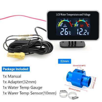 HD Car LCD Water Temperature Meter Thermometer Voltmeter Gauge 2in1 Temp&Voltage Meter 10mm Sensor 26~40mm Adapter(Option)12V/24