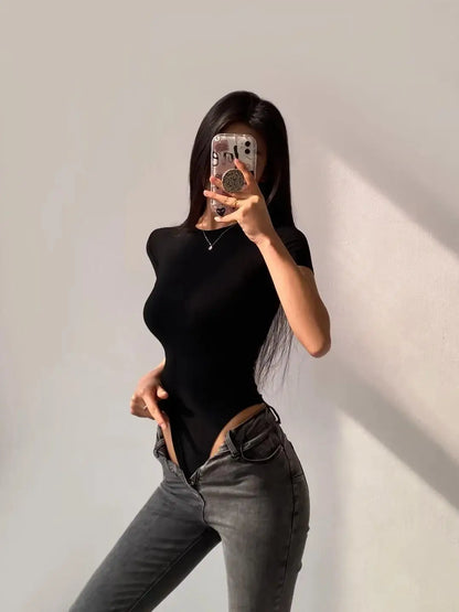 Summer Short Sleeve O-neck Knitted Bodysuits Women Stretchable Slim Basic Solid Color Tops