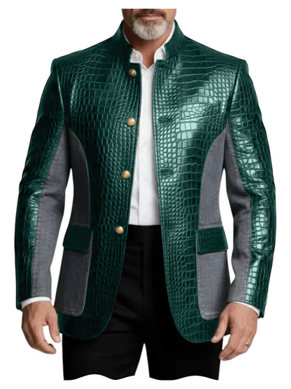 Men's Crocodile Embossed Leather Brown Jacket Patchwork Denim Stand Collar Slim Fit Luxury PU Blazer For Business Casual Party