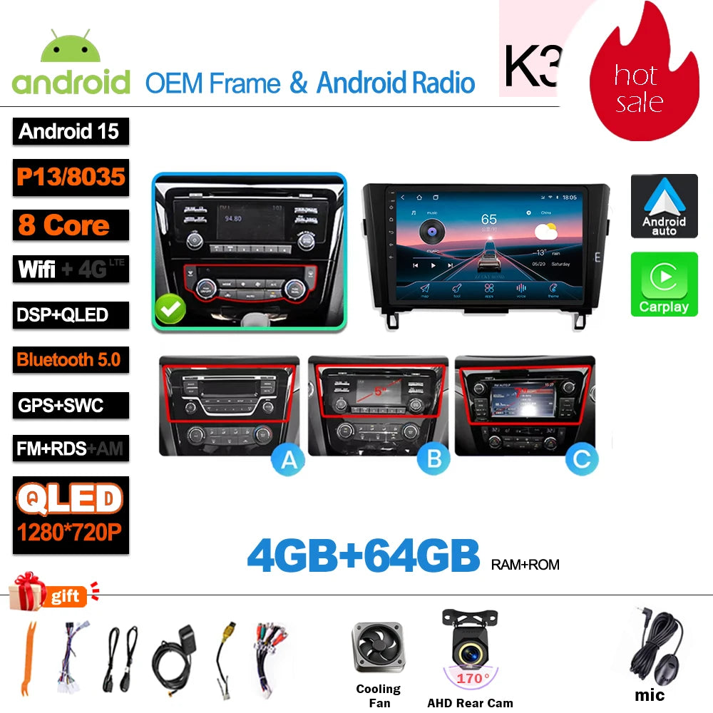 Car Radio For Nissan X-Trail Qashqai 2 J1T32 Qashqai J10 J11 2014 2015 2016 2017 2018 2019  Wireless WIFI GPS Carplay Auto DVD