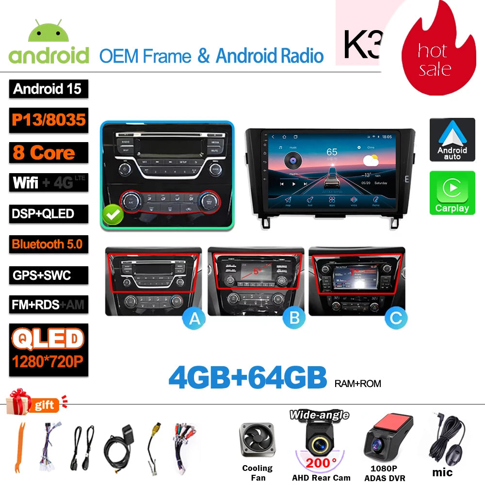 Car Radio For Nissan X-Trail Qashqai 2 J1T32 Qashqai J10 J11 2014 2015 2016 2017 2018 2019  Wireless WIFI GPS Carplay Auto DVD