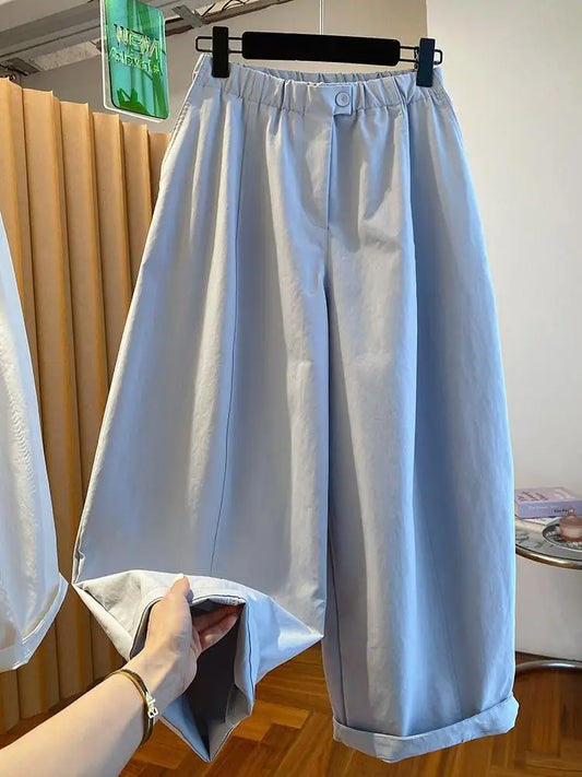Summer Women White Balloon Pants Elastic Waist Loose Wide Leg Cropped Casual Trousers Lazy Style Hide Fat Breathable Daily Psnts