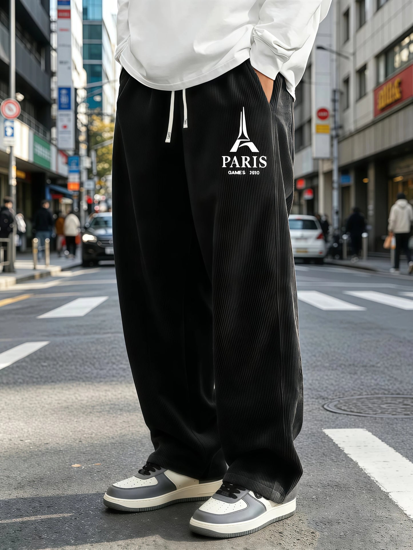 Mens Corduroy Wide Leg Trousers Elastic Drawstring Waist Eiffel Tower Letter Print Loose Straight Casual Street Pants S-4XL