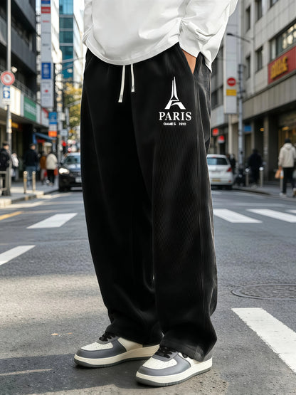Mens Corduroy Wide Leg Trousers Elastic Drawstring Waist Eiffel Tower Letter Print Loose Straight Casual Street Pants S-4XL