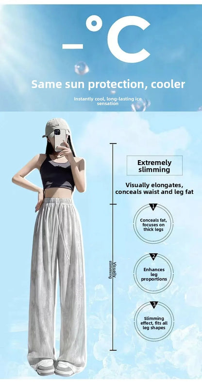 Summer Thin Ice Silk Satin Dyed Wide Leg Pants Women Loose Casual Drape High Waist Slimming Pants Ins Straight Leg Elastic Wa...