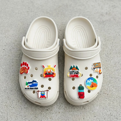 10Pcs Go Camping Tent Backpack PVC Shoe Charms Buckle Clog Sandals Shoes Decoration Hole Slipper Accessories Holiday Present
